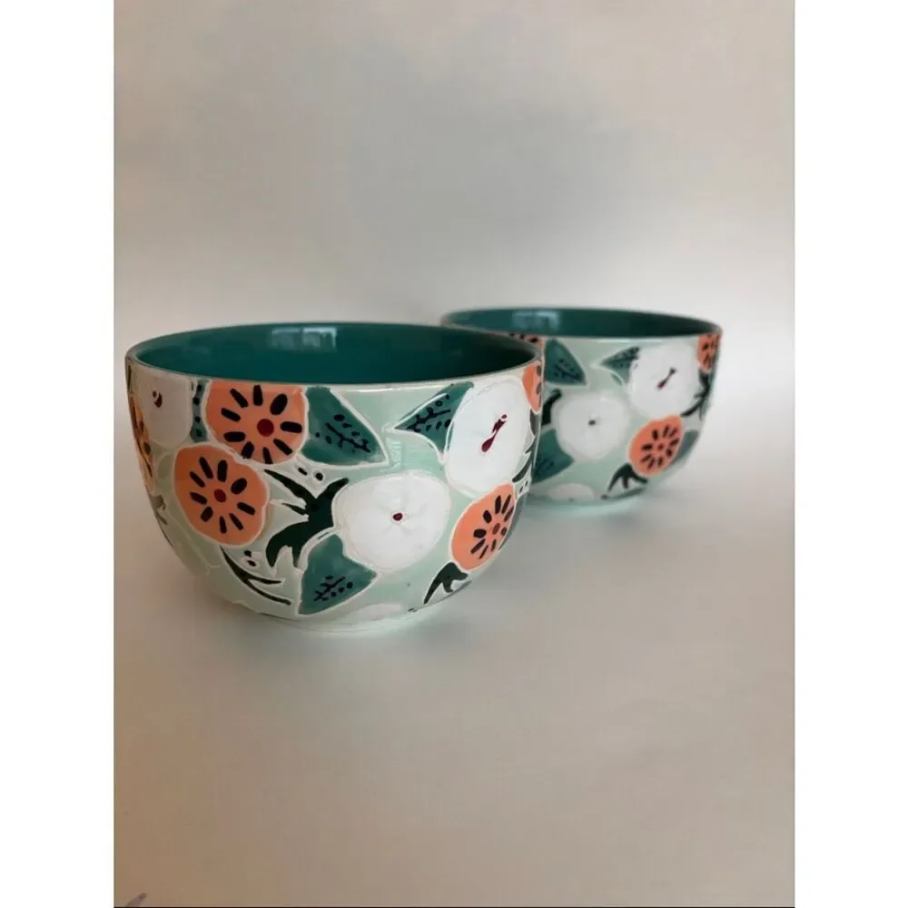 NWT Anthropologie Mathilde Turquoise Hand Painted Bowls Set Of 2